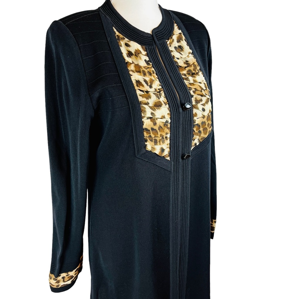 Exclusively MISOOK Black Leopard Cardigan Long Knit‎ Sweater Jacket Sz S Classic - Picture 2 of 11